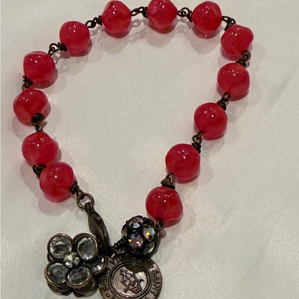 Saint Vintage  -  Red Beaded Bracelet with Charms